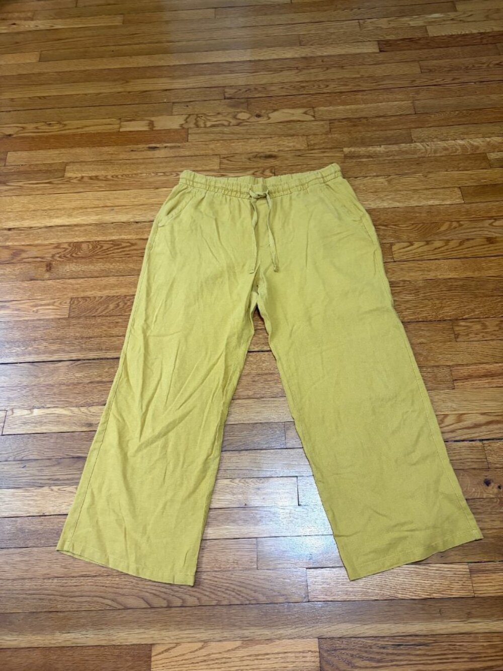 Old Navy Womens Pants Size Large Yellow Linen Rayon Wide Leg Elastic Drawstring